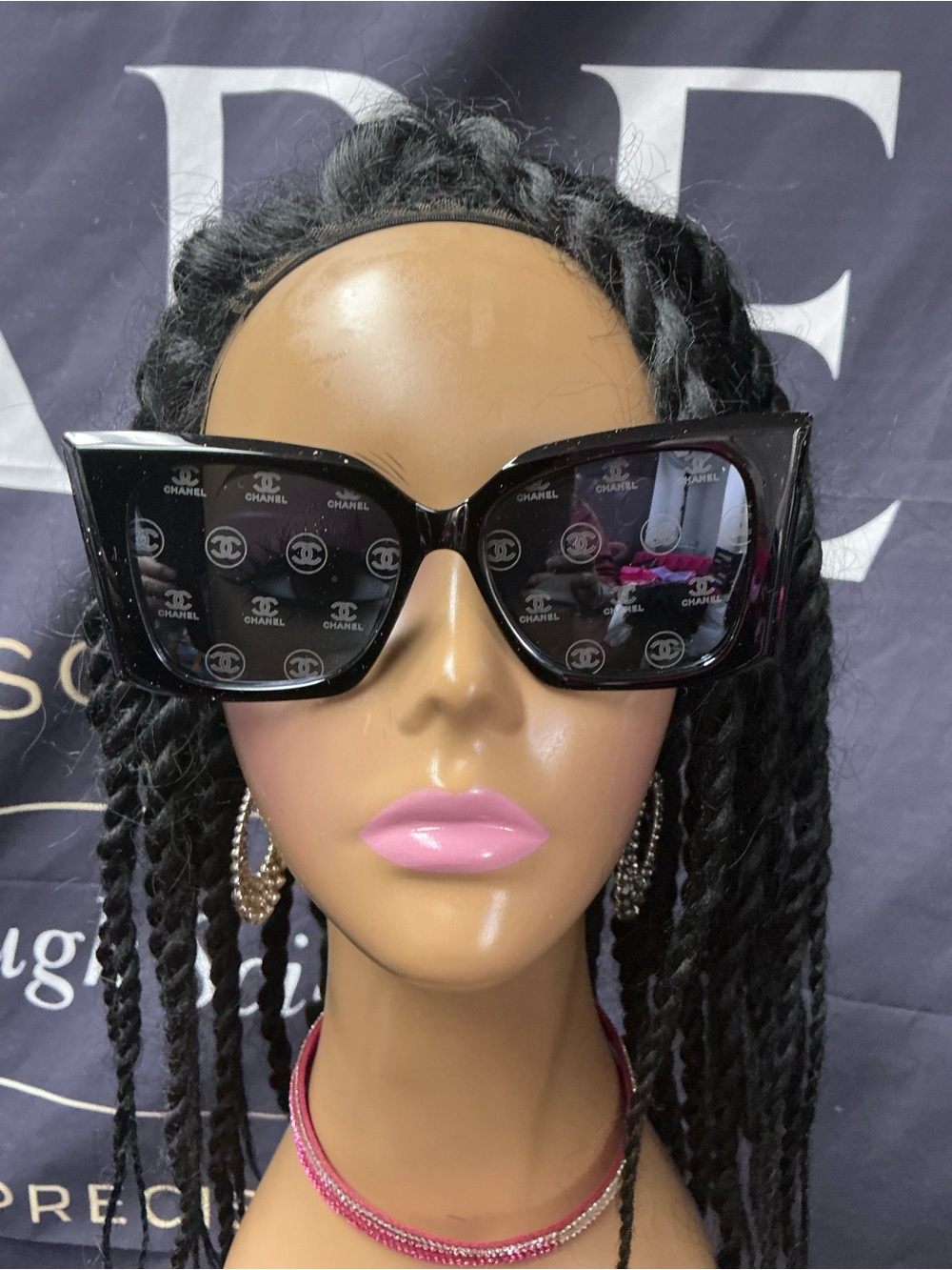 CHANEL Black Cat-Eye Logo Sunglasses with Monogram Lenses